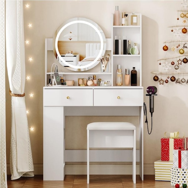 Advwin Makeup Vanity Desk with Round Mirror and Lights Dressing Table Stool Set with Charging Station Small Vanity White