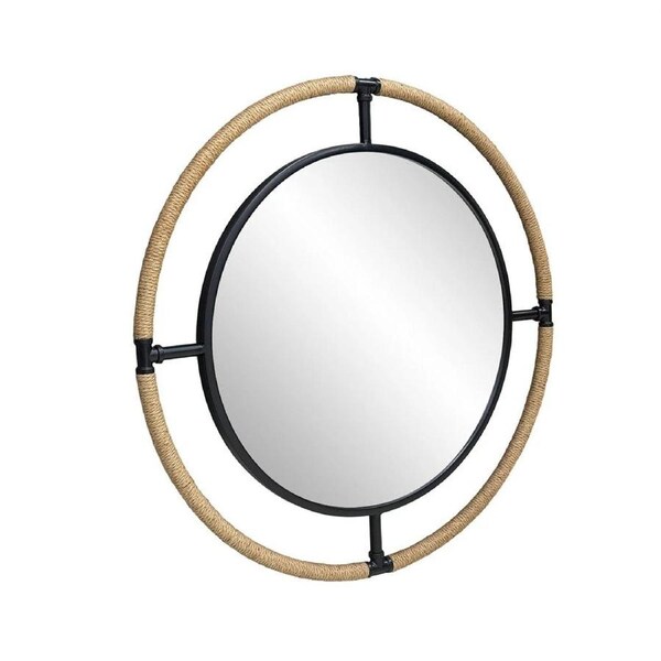 Large Nautical Round Wall Hanging Mirror with Rope, Coastal Decorative Black Metal & Hemp Rope Mirror for Entryway Living Room Bedroom, 80cm