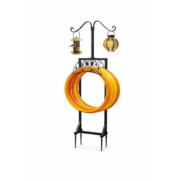 Rustproof Garden Hose Holder Freestanding - Heavy Duty Metal Water Hose Storage Stand with Ground Spikes and Dual Shepherd Hooks, Holds up to 150 ft Hose, Metallic Silver