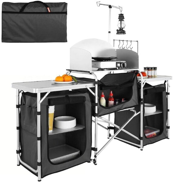 Camping Kitchen Table - Folding Outdoor Cooking Table with Storage Bag Aluminum Camp Cook Station Black