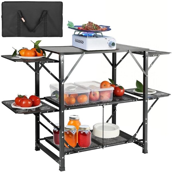 Camping Kitchen Table One-Piece Folding Portable Cook Station with Carrying Bag, Aluminum Camping Table with 4 Side Tables and 2 Shelves for BBQ, Picnics, Camping and RV Travel