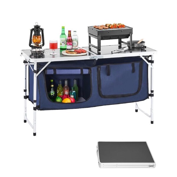 Camping Kitchen Table Folding Outdoor Cook Station, Aluminum Portable Cooking Table with Storage Organizer and Carry Handle, 3 Adjustable Height Camp Kitchen Table for BBQ, Picnic, RV Travel, Blue