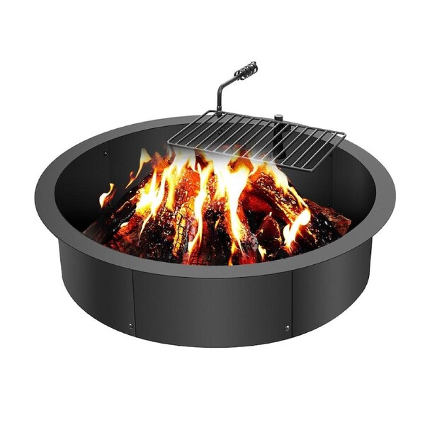 Fire Pit Ring with Barbecue Grate, 35-In Outer / 31-In Inner Diameter Carbon Steel Fire Pit Insert for Above-Ground or In-Ground DIY Campfire