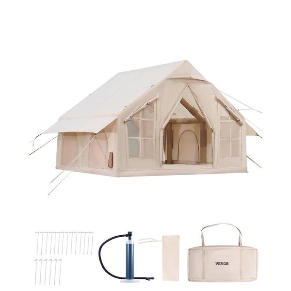 Inflatable Camping Tent for 4-6 Person, Easy Setup Blow Up Glamping Tent with Hand Pump, 300D Oxford 4 Season Air Tent with Stove Jack, 2 Doors and 4 Mesh Windows