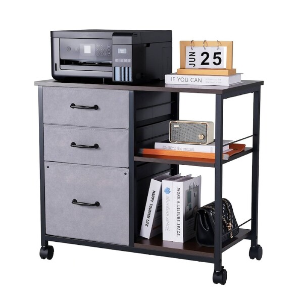Metal File Cabinet with Wheels, Mobile Filing Cabinet with 3 Fabric Drawers and 2 Open Shelves, Wooden Vertical File Storage for Letter A4 Legal Files, Brown