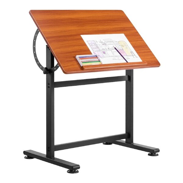 Drafting Table with 0-90 Adjustable Tilt, Artist Drawing Desk with H-Frame Metal Stand, Wooden Craft Workstation for Drawing Writing Reading, Brown and Black
