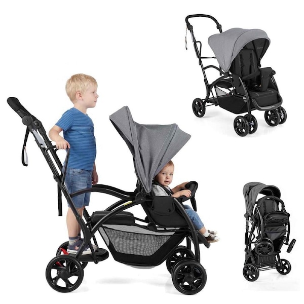 Costway Sit & Stand Stroller Foldable Double Stroller Storage Push Car w/Wristband 5-Point Harness Canopy Grey