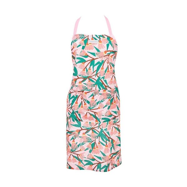 Annabel Trends Pink & Green Kitchen Apron Blossom Branches 100% Linen 60x80 cm