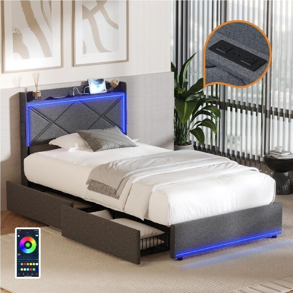 Oikiture Bed Frame King Single Size with LED Headboard Charging Port 4 Drawers