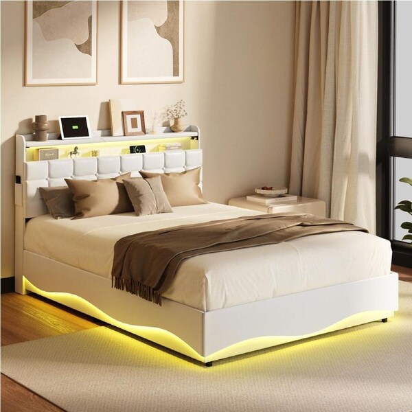 Oikiture Double Size Bed Frame LED Light Gas Lift Storage Headboard USB Charging