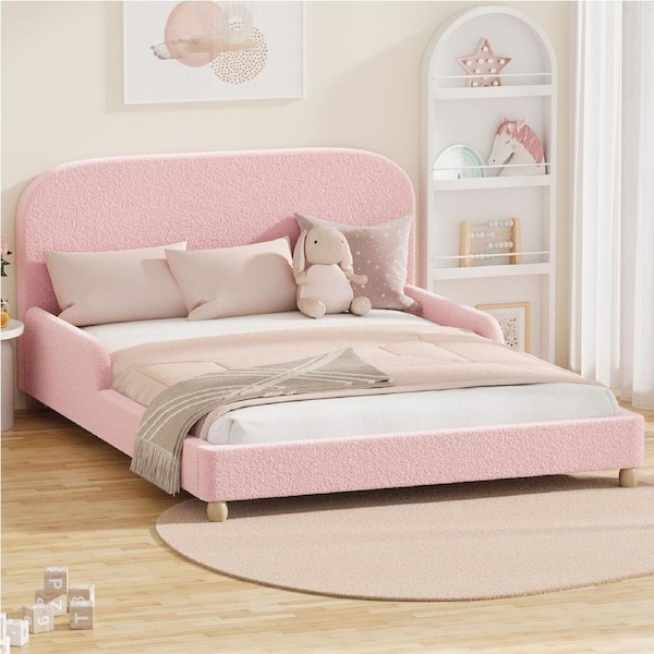 Oikiture Kids Bed Frame Double Size Base with Side Guard Rails Boucle Pink