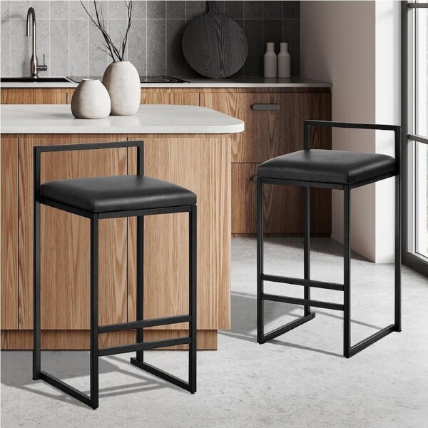 Oikiture 2x Bar Stools Kitchen Stool Metal Counter Chair Barstools Black Leather