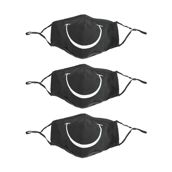 3PK Annabel Trends Reusable Smile Face Mask W/ Adjustable Ear Straps Black