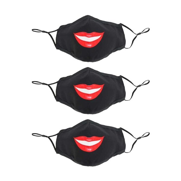 3PK Annabel Trends Reusable Lips Face Mask W/ Adjustable Ear Straps Black