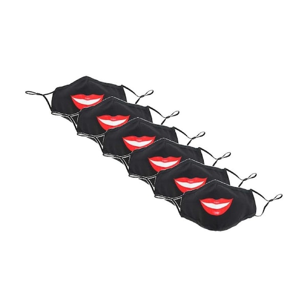 6PK Annabel Trends Reusable Lips Face Mask W/ Adjustable Ear Straps Black