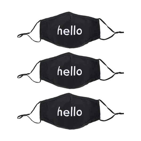 3PK Annabel Trends Reusable Hello Face Mask W/ Adjustable Ear Straps Black