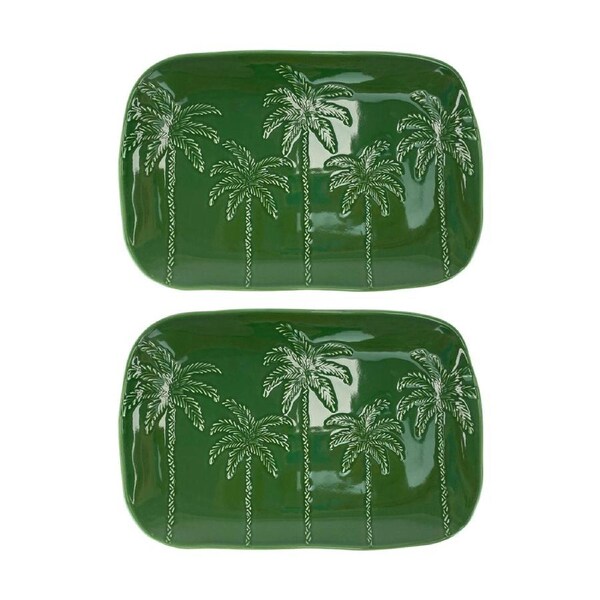 2PK Annabel Trends Coconut Bay Rectangle Green & White Palm Tree Plate 7.5x8cm