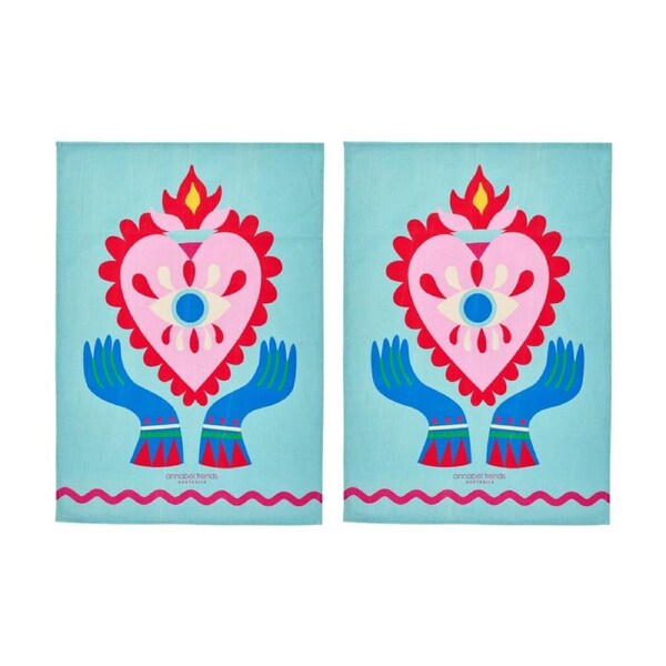 2PK Annabel Trends Kitchen Tea Towel Fiesta Heart Print 100% Cotton 70x50cm