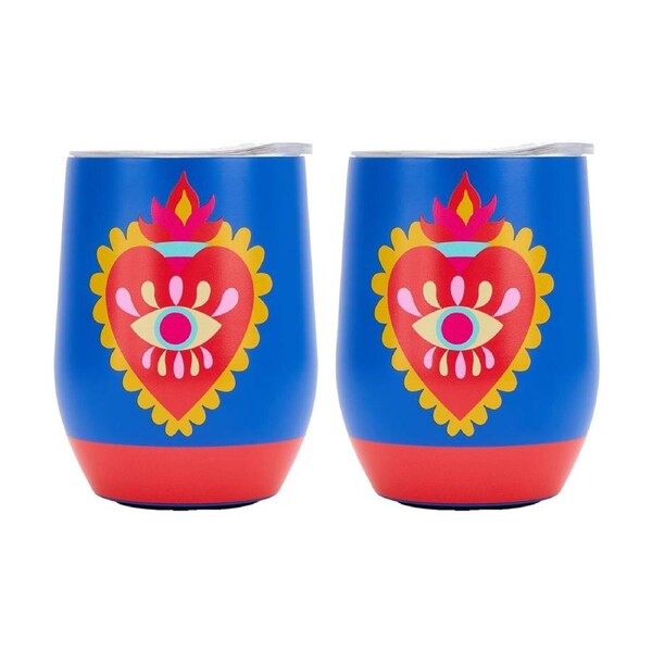 2PK Annabel Trends Drink Tumbler Double Walled Blue & Red Fiesta Heart 350ml