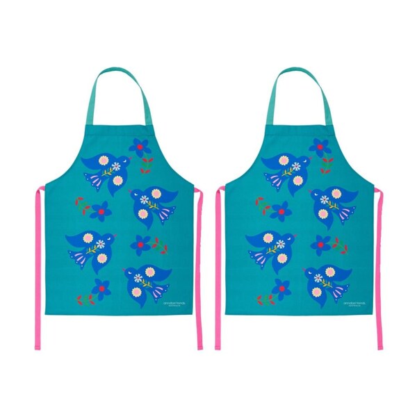 2PK Annabel Trends Blue Kitchen Apron W/ Fiesta Bird Print 100% Cotton 60x78cm