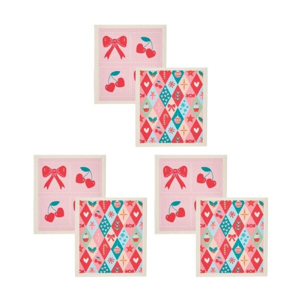 3x 2pc Annabel Trends Dish Cloths Christmas & Bows/Cherries 17x19cm