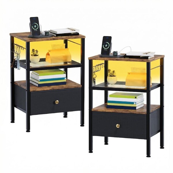 Advwin 3-Tier End Table Set of 2 Bedside Table with Fabric Drawer and Charging Station and LED Lights Rustic Brown+Black