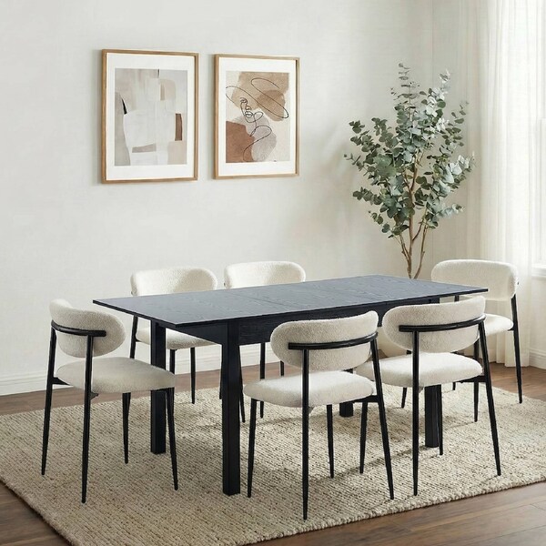 Oikiture 7pc Extenable Dining Table and Chairs Wooden Dining Set Boucle Black