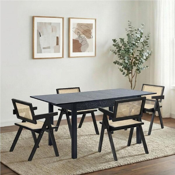Oikiture 5pc Extenable Dining Table and Chairs Wooden Dining Set Ratten Black