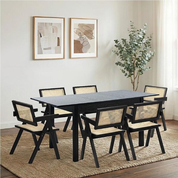 Oikiture 7pc Extenable Dining Table and Chairs Wooden Dining Set Ratten Black