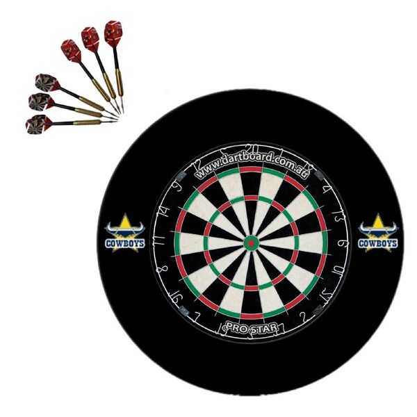 Pro Star Genuine Bristle Dart Board + North QLD Queensland Cowboys NRL Surround + Darts