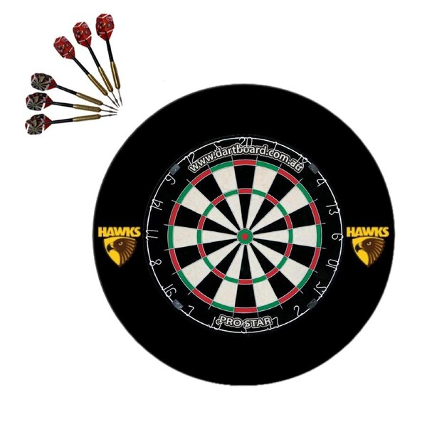 Pro Star Genuine Bristle Dart Board + Hawthorn Hawks AFL Surround + Darts