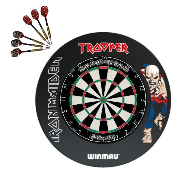 Pro Star Genuine Bristle Dart Board + Winmau Iron Maiden Surround + Darts