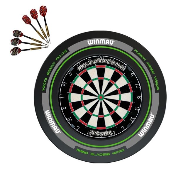 Pro Star Genuine Bristle Dart Board + Winmau Advance Black Green Surround + Darts