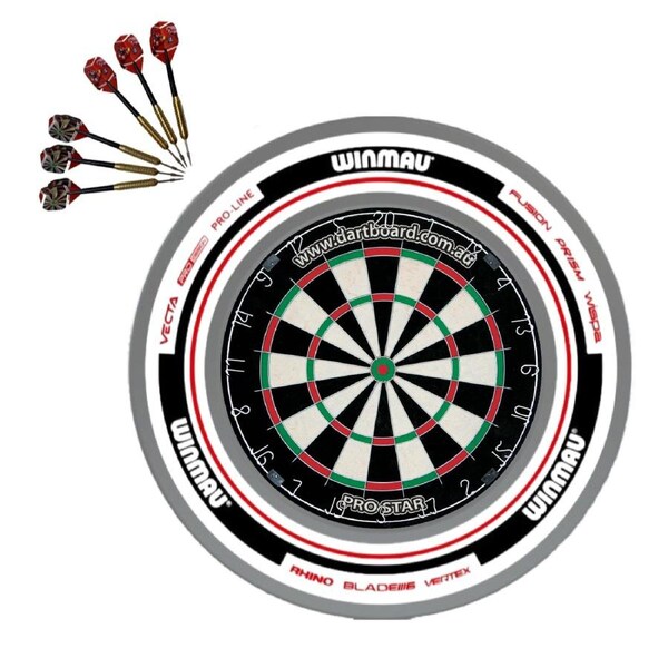 Pro Star Genuine Bristle Dart Board + Winmau Advance White Red Surround + Darts