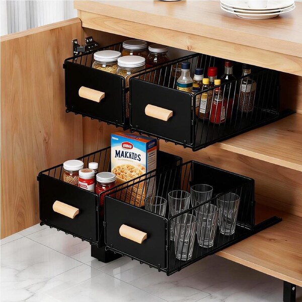 ACA 4pcs Foldable Black Pull Out Kitchen Storage Rack Basket Drawer Pantry Sliding Organizer Cabinet Shelf for Home,Living Room, Bathroom