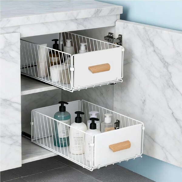 4PCS White Pull Out Kitchen Cabinet Storage Slide Drawer with Handle Foldable Shelf Organiser Rack