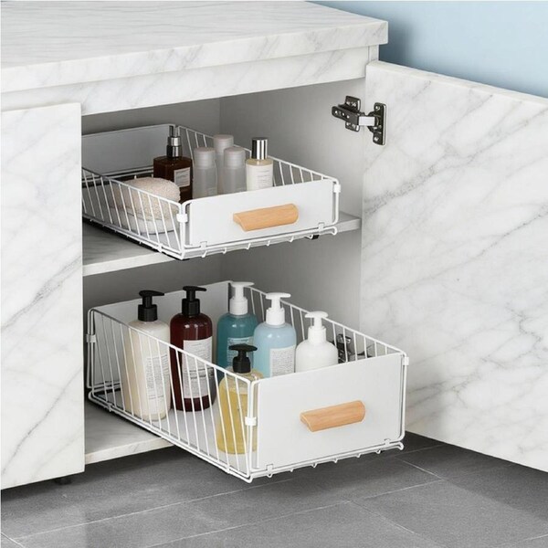 2PCS White Foldable Kitchen Organizer Storage Rack Sliding Drawer with Handle Pull Out Cabinet Storage Shelf