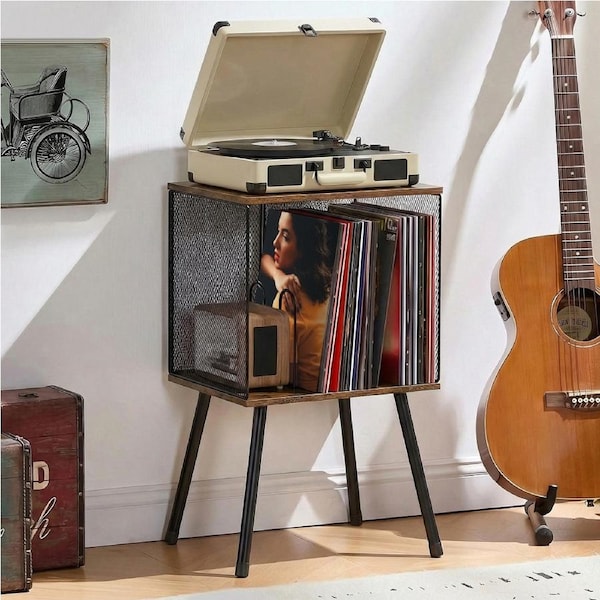 DelSol Record Player Stand with Storage up to 100 Albums, Retro Vinyl Record Holder, Book/LP Record Storage and Organizer Vinyl Table