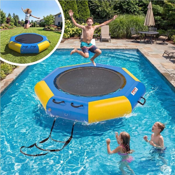 Advwin Inflatable Water Trampoline 210cm with Electric Pump, Adults Youth Recreational Water Bouncer Swim Platform with Rope Ladder for Lake, Pool, Calm Sea, 100kg Capacity