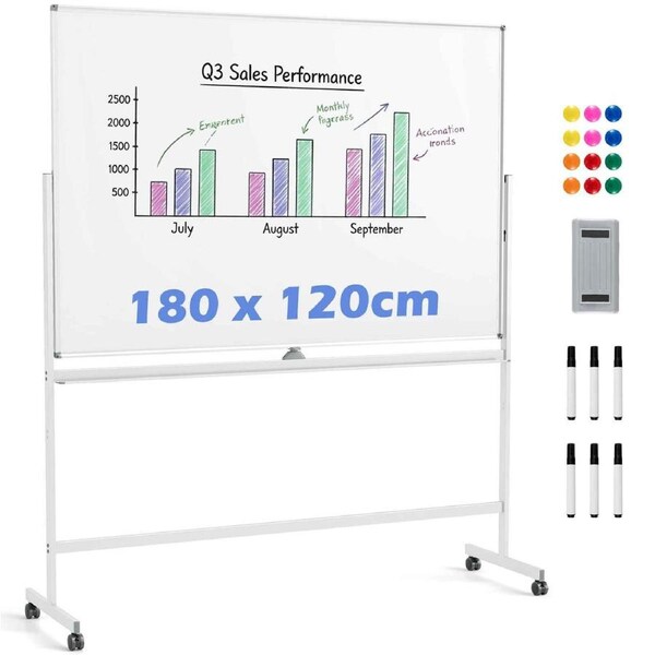 Costway 180x120cm Whiteboard Double-Sided Dry Erase Mobile White Board Stand Aluminum Frame Office School
