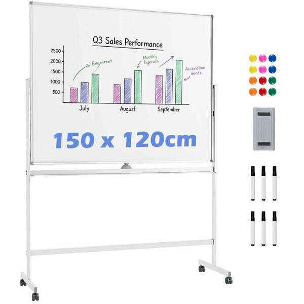 Costway 1.5x1.2m Whiteboard 360°Mobile Double-Sided Mag Dry Erase Writing Board w/Stand Markers Aluminum Frame