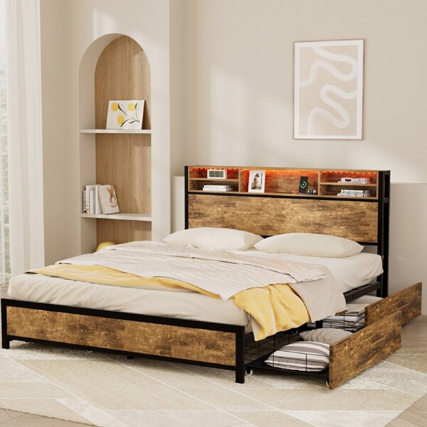 Levede King Bed Frame LED Lights 4 Storage Drawers Charging Station