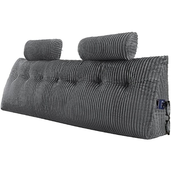 Headboard Pillow, King Size Wedge Headboard Pillow with 2 Side Pockets and 2 Headrests, Bed Wedge Pillow with Washable Flannel Cloth, for Reading, Gaming, Resting, Working in Bed, Grey