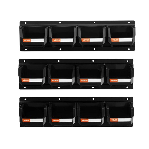 Wall Mounted Storage Bins, 12 Plastic Bins & 3 Metal Rails, Plastic Hanging Stackable Storage Bin for Screws, Nuts, Bolts, Nails, Hardware Tool Organizer for Workshop, Craft Room, Garage, Black