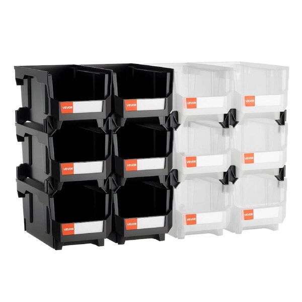 Plastic Stackable Storage Bins, 37.7 x 21.5 x 18 cm (12 Pack), Plastic Containers for Organizing & Storage Bins for Garage, Small Parts, Office Supplies, Other Accessories, Black & Transparent