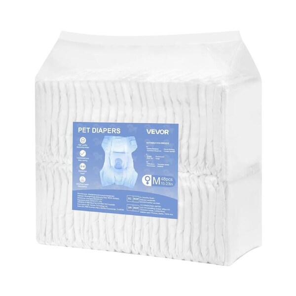 Disposable Dog Diapers, Super Absorbent Female Dog Diapers, 360x Leak-Proof Female Doggy Pet Diaper with Wetness Indicator for Heat Period, Training, Incontinence - M, 96 Count (2 Packs of 48)
