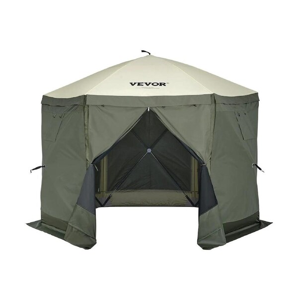Pop Up Gazebo Tent, Pop-Up Screen Tent 6 Sided Canopy Sun Shelter with 6 Removable Privacy Wind Cloths & Mesh Windows, 10x10FT Quick Set Screen Tent with Mosquito Netting, Army Green
