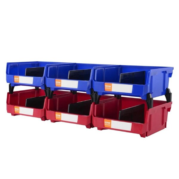 Plastic Storage Bin, (276 mm x 279 mm x 128 mm), Hanging Stackable Storage Organizer Bin, Blue/Red, 6-Pack, Heavy Duty Stacking Containers for Closet, Kitchen, Office, or Pantry Organization