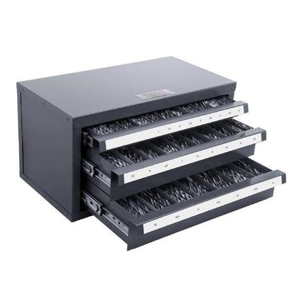 Drill Bit Dispenser Cabinet, Three-Drawer Drill Bit Organizer Cabinet for 1mm to 13mm, Steel Drill Dispenser Organizer Cabinet with Labels, Stackable Drill Dispenser for Drill Bit Storage