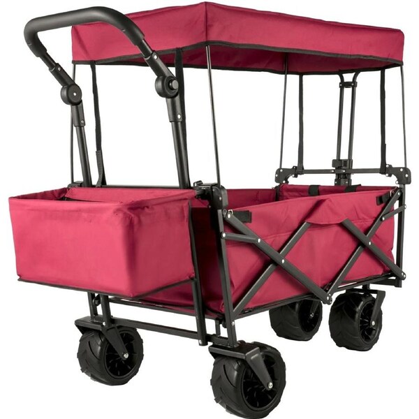 Folding Wagon Cart, Collapsible Folding Garden Cart w/ Shade Beach Utility